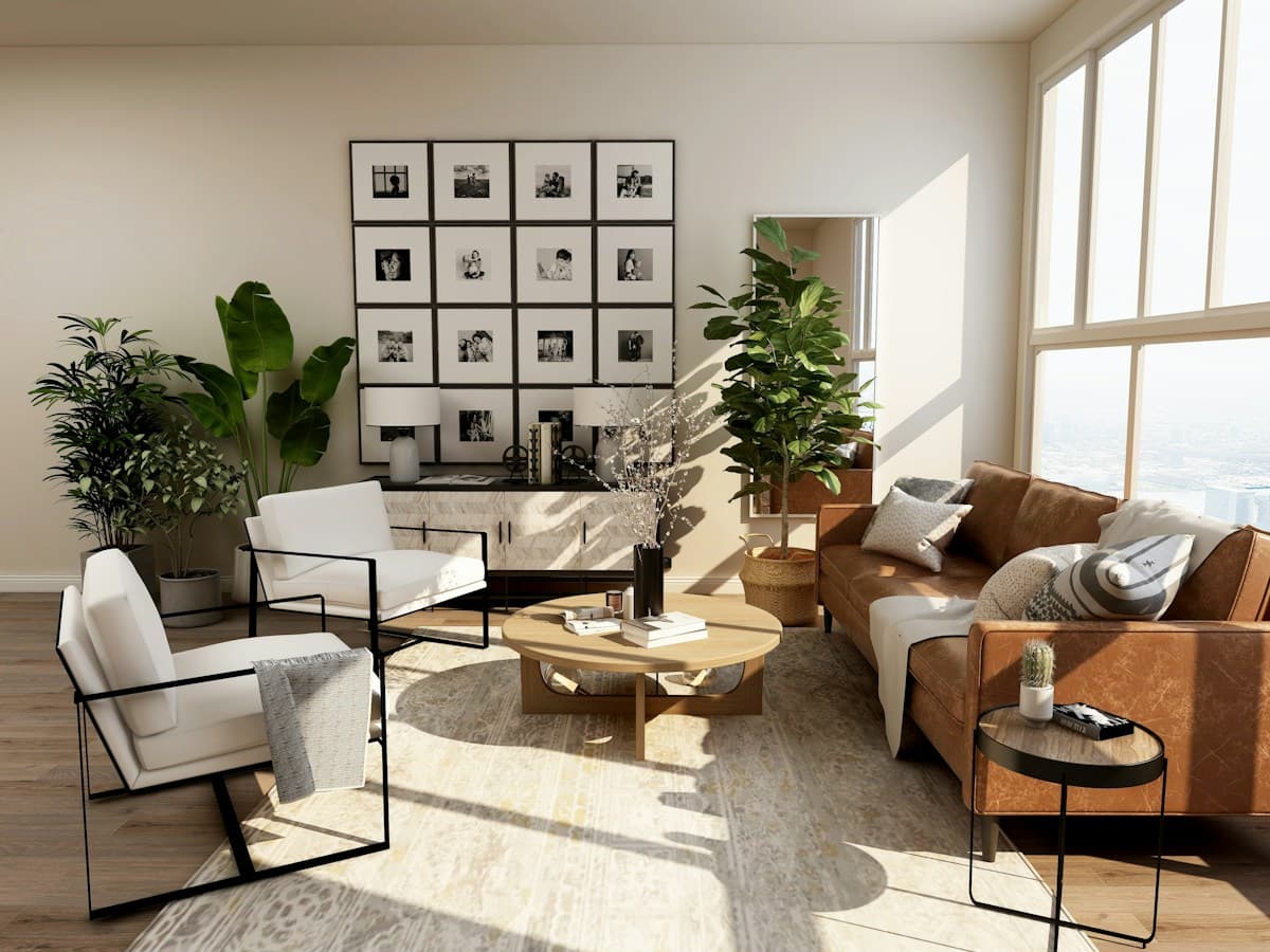 A light-filled living room with warm natural materials