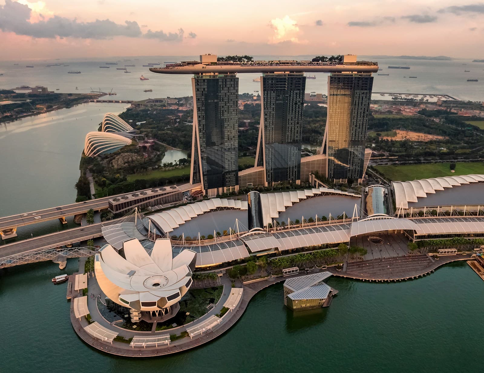 Singapore city skyline and waterfront homes in the warm evening light